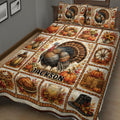 Close bedroom view of Thanksgiving quilt bedding with turkey artwork, pumpkins, autumn leaves, pies, and harvest scenes