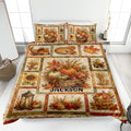 Thanksgiving quilt blanket displayed on a bed with pumpkins, harvest baskets, autumn leaves, pie, and sunflowers