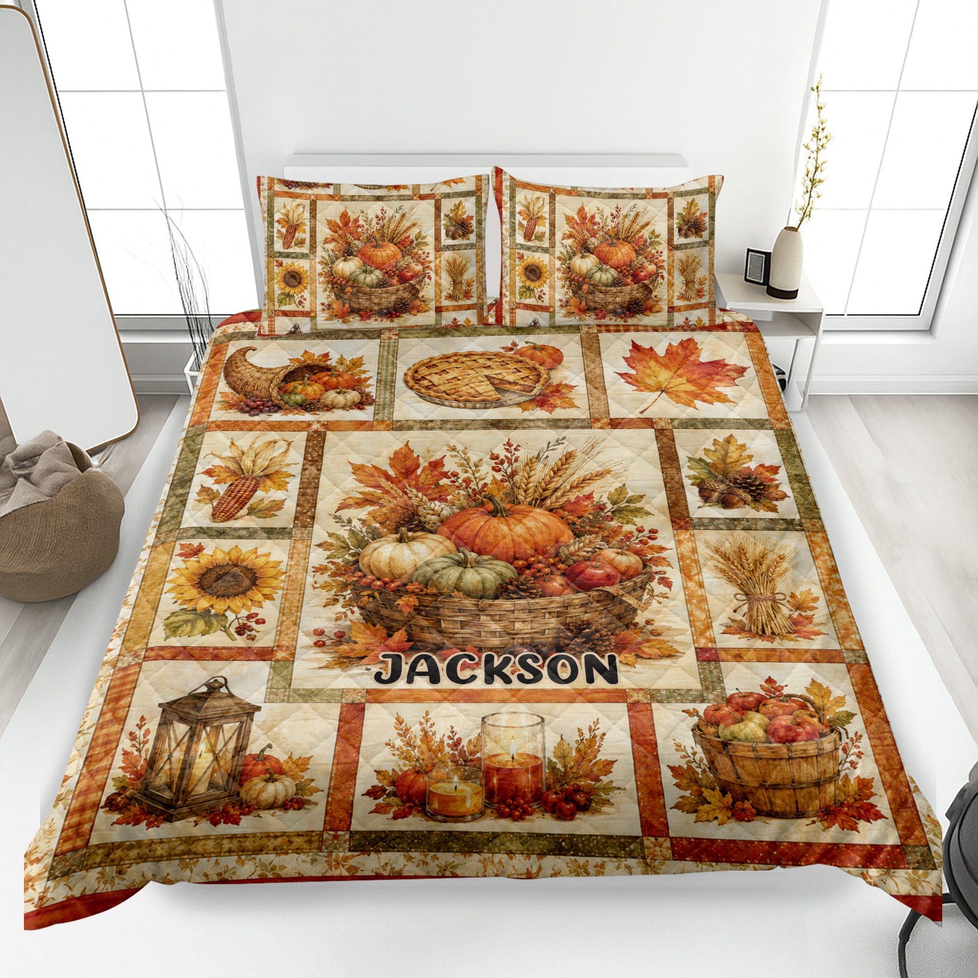 Thanksgiving quilt blanket displayed on a bed with pumpkins, harvest baskets, autumn leaves, pie, and sunflowers
