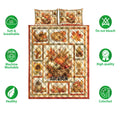 Thanksgiving harvest quilt bedding set shown with pumpkin artwork and soft, breathable, washable feature icons