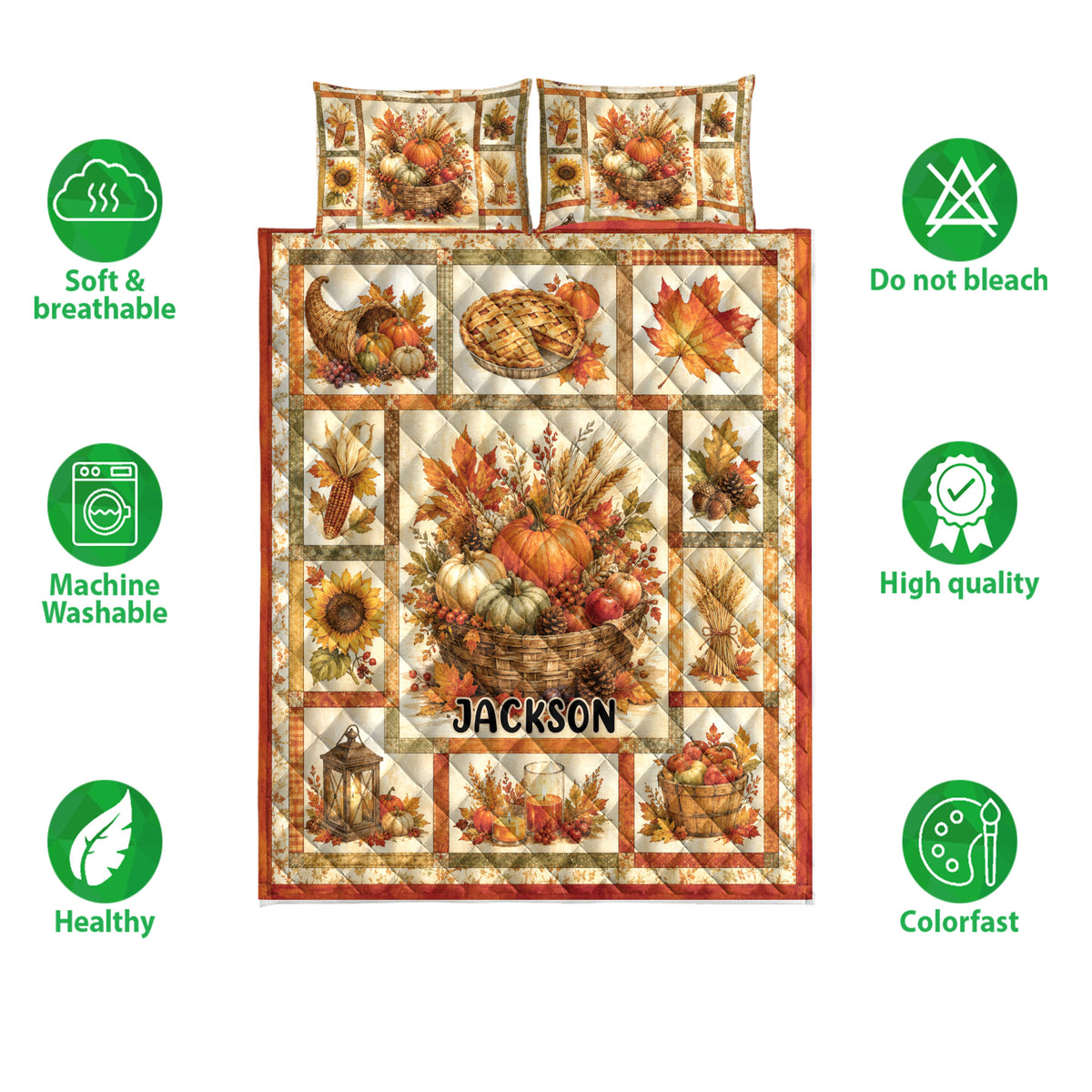 Thanksgiving harvest quilt bedding set shown with pumpkin artwork and soft, breathable, washable feature icons