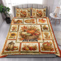 Thanksgiving harvest quilt blanket styled on a bedroom bed with pumpkins, sunflowers, leaves, and autumn decor