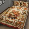 Thanksgiving quilt bedding set in a cozy bedroom featuring pumpkins, cornucopia, pie, wheat, and fall leaves