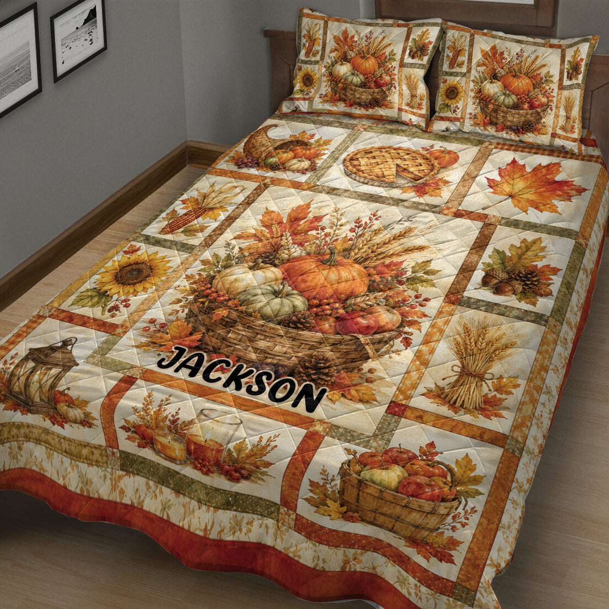 Thanksgiving quilt bedding set in a cozy bedroom featuring pumpkins, cornucopia, pie, wheat, and fall leaves