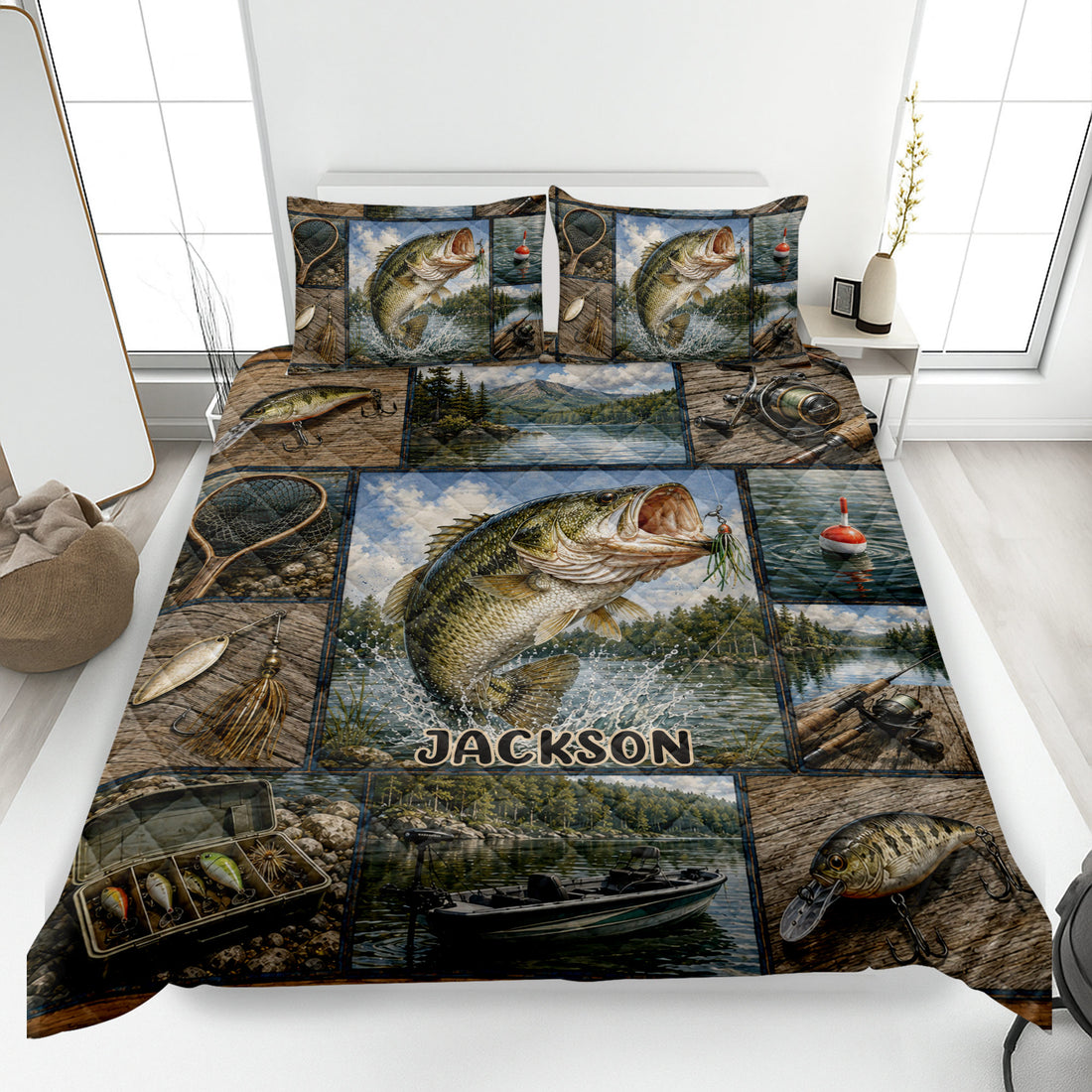 Fishing quilt blanket displayed on a bed with bass, lures, fishing gear, lake scenes, and a custom design detail