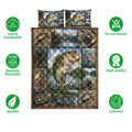 Fishing quilt bedding set shown with bass artwork, lake scenes, fishing gear, and soft breathable construction icons