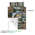 Fishing quilt showing the printed front artwork and white quilted backing with bass, rods, lures, and lake scenes