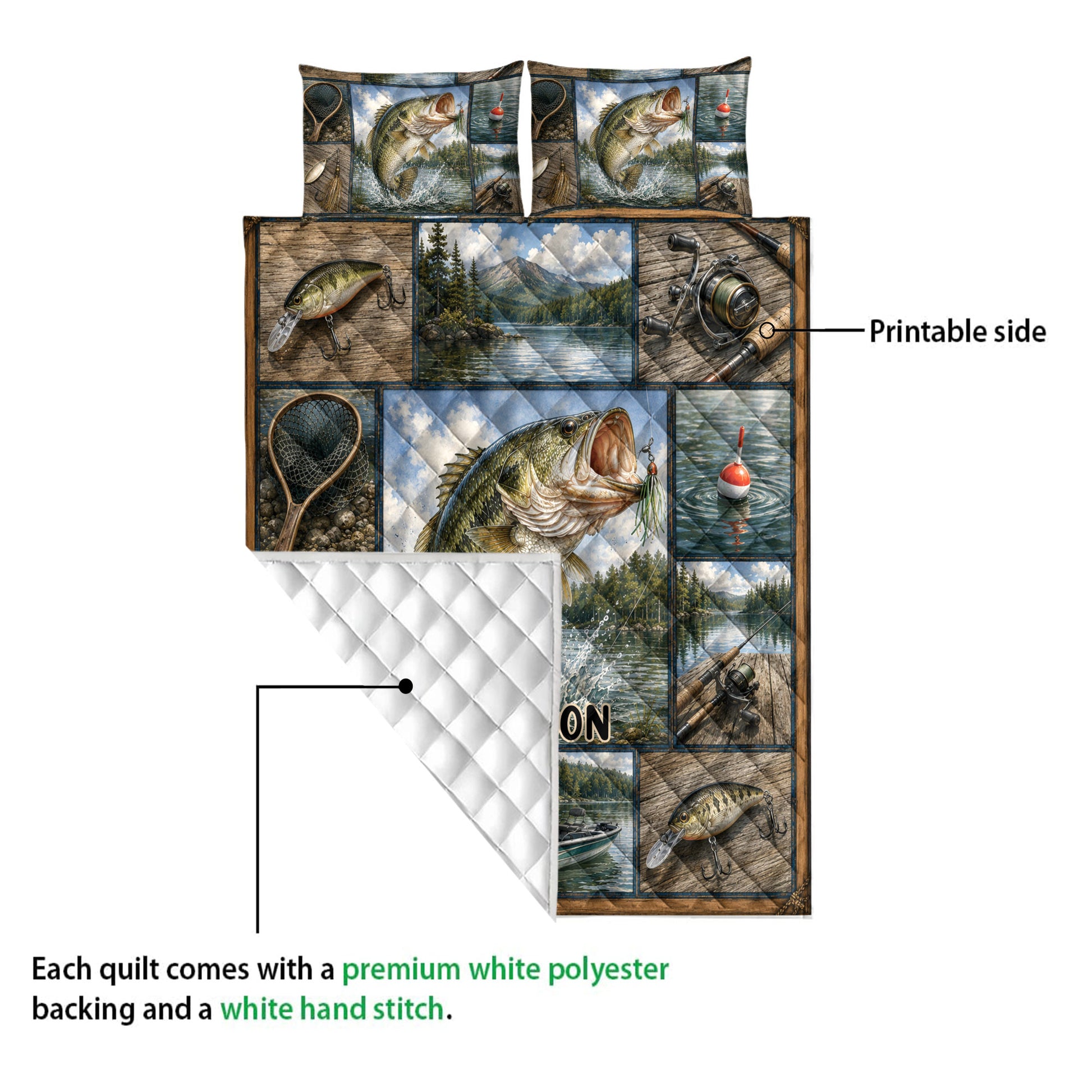 Fishing quilt showing the printed front artwork and white quilted backing with bass, rods, lures, and lake scenes