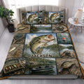Fishing quilt blanket styled in a bedroom with bass, fishing rods, lures, reels, and scenic lake artwork