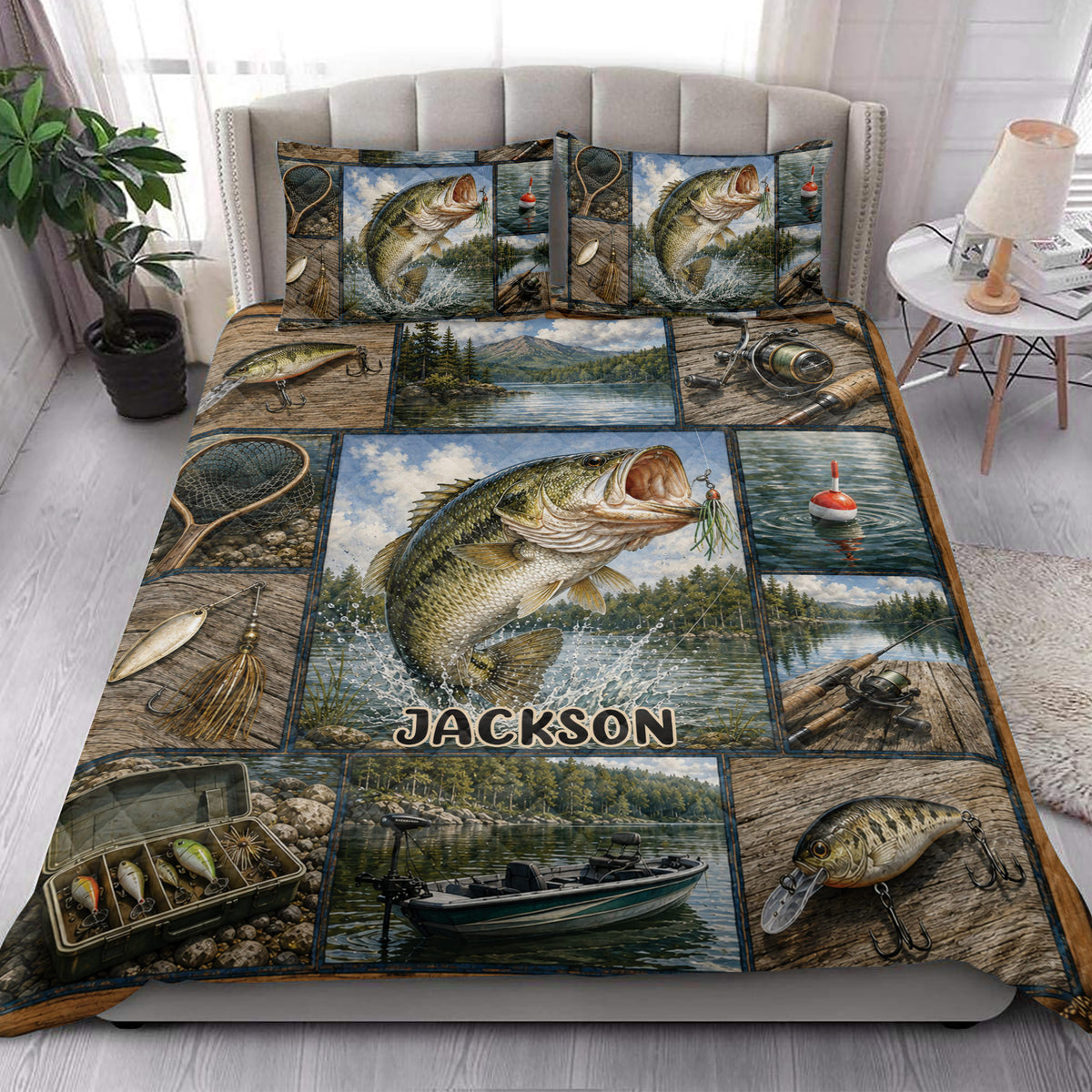 Fishing quilt blanket styled in a bedroom with bass, fishing rods, lures, reels, and scenic lake artwork