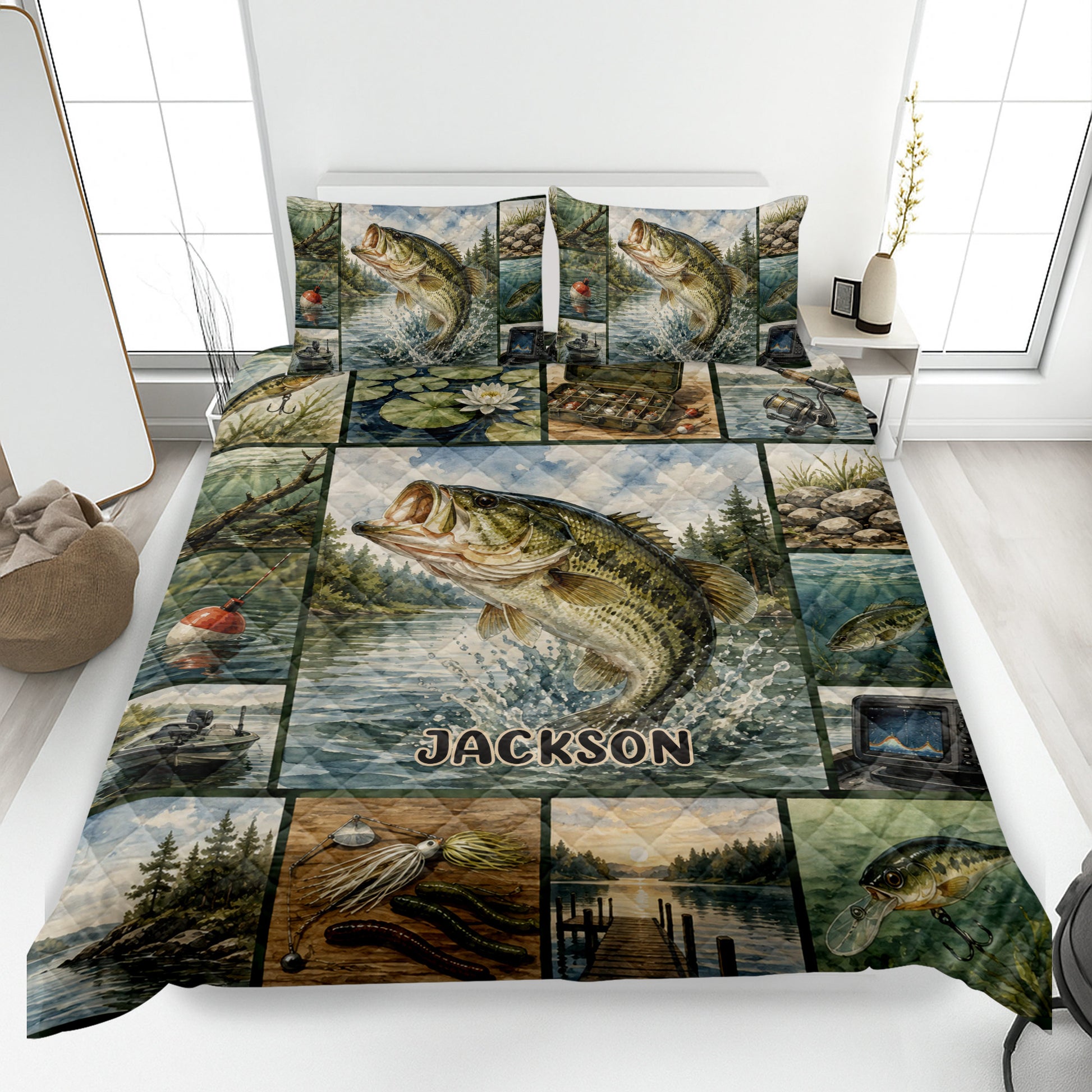 Bass fishing quilt blanket displayed on a bed with lake scenes, fishing gear, and large jumping fish artwork