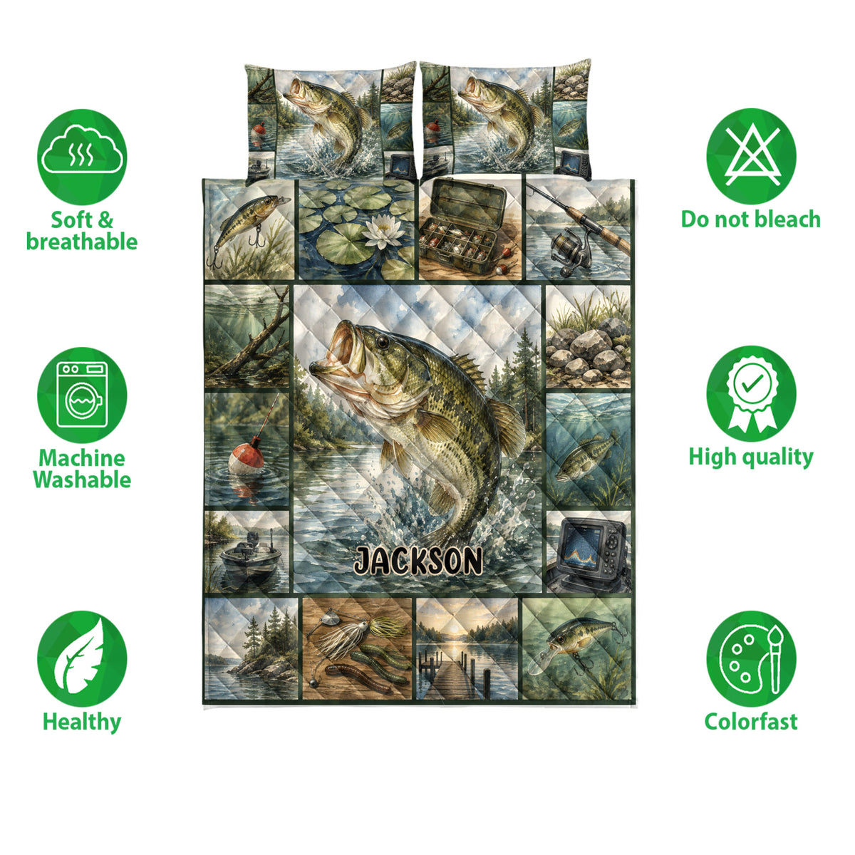 Bass fishing quilt bedding set shown with fishing artwork and icons highlighting softness, washing, and color