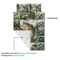Bass fishing quilt blanket showing the printed fishing side and white diamond-quilted backing