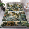 Bass fishing quilt blanket styled in a bedroom with bass, lures, tackle, and scenic lake artwork