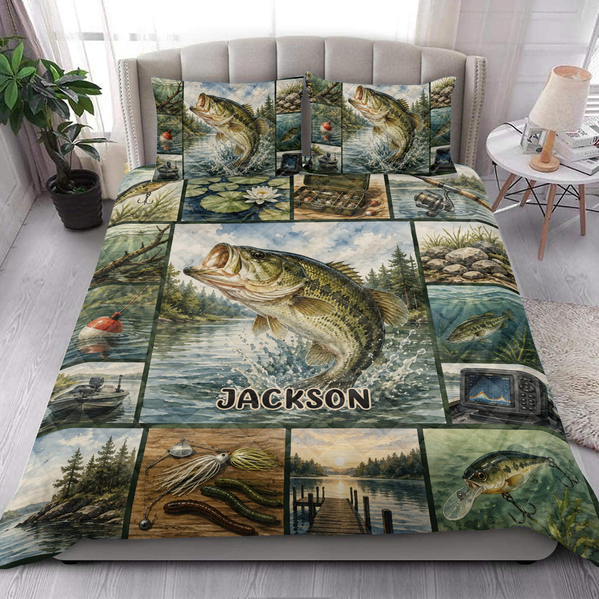 Bass fishing quilt blanket styled in a bedroom with bass, lures, tackle, and scenic lake artwork