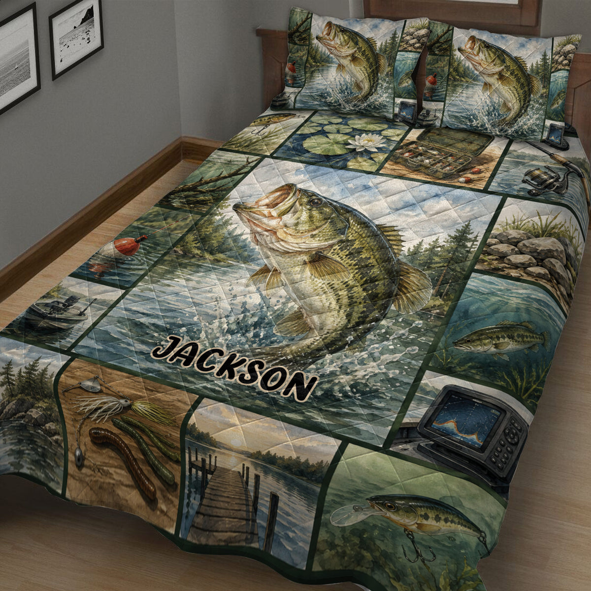 Bass fishing quilt spread across a bed with realistic fish, rods, boats, lures, and forest lake scenes