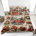 Christmas quilt blanket on a bed featuring vintage red trucks, snowy trees, wreaths, gifts, and holiday artwork