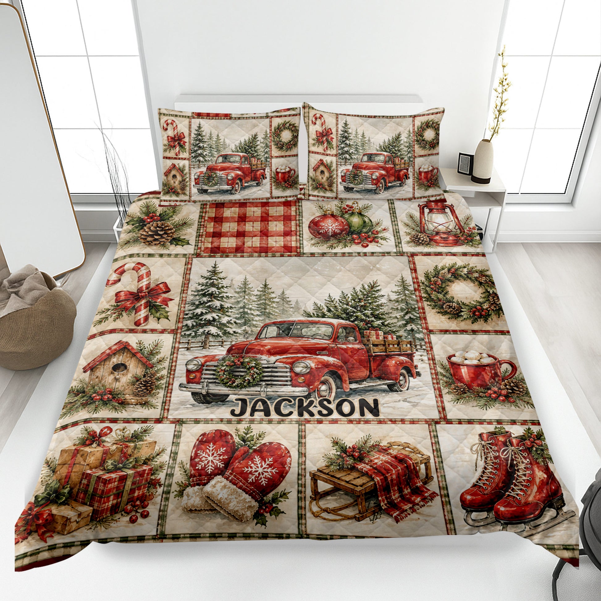 Christmas quilt blanket on a bed featuring vintage red trucks, snowy trees, wreaths, gifts, and holiday artwork