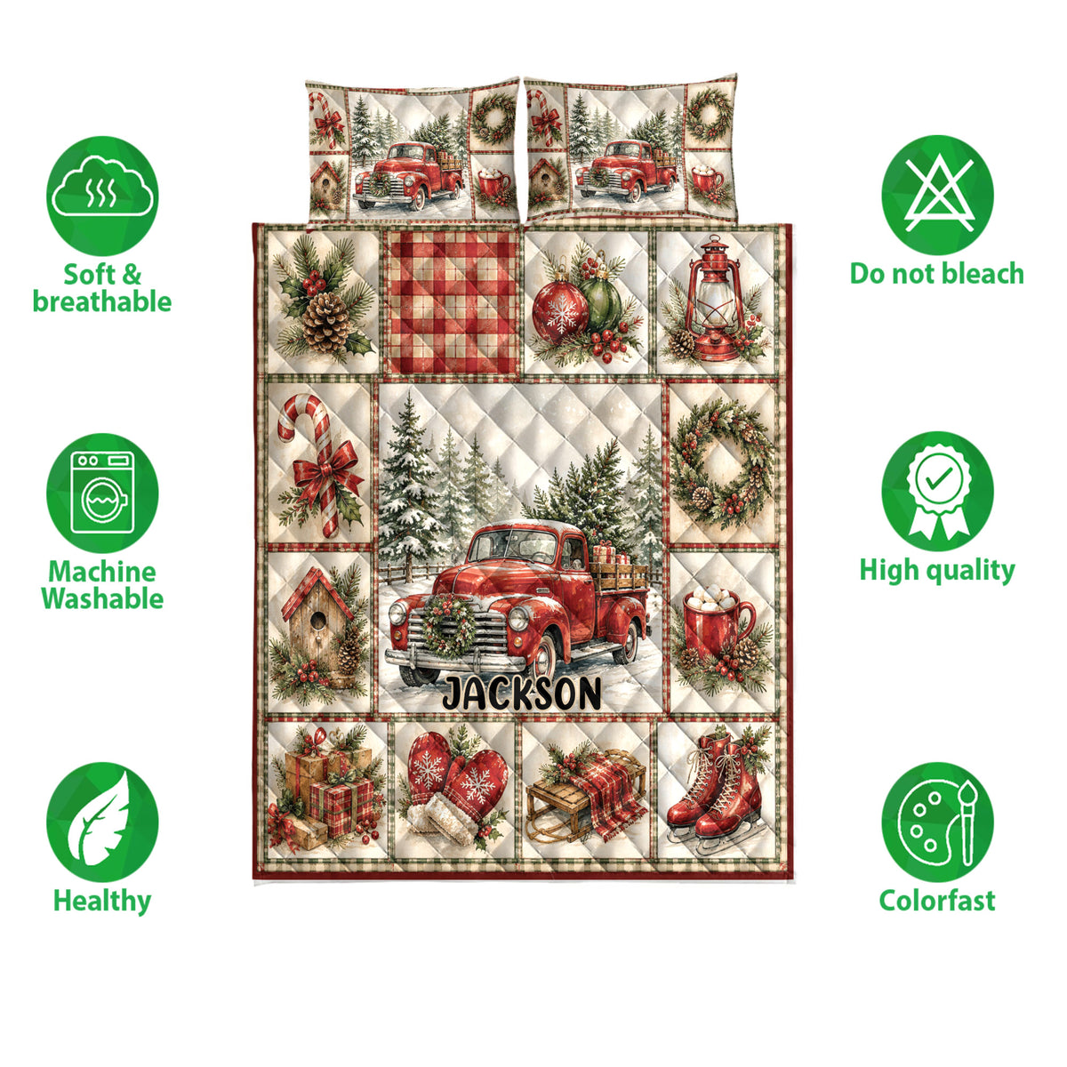Full view of a Christmas quilt blanket with vintage truck scenes, ornaments, candy canes, and holiday patchwork
