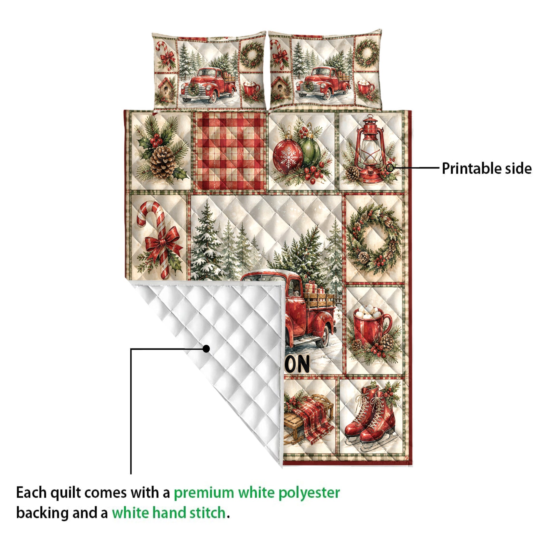 Close view of the Christmas quilt showing its printed front and white quilted backing with vintage truck artwork