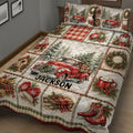 Detailed Christmas quilt blanket featuring vintage pickup trucks, pine trees, ornaments, presents, and ice skates