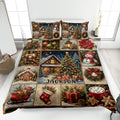 Christmas quilt blanket displayed on a bed with snowmen, nutcrackers, ornaments, gifts, and winter cabin artwork