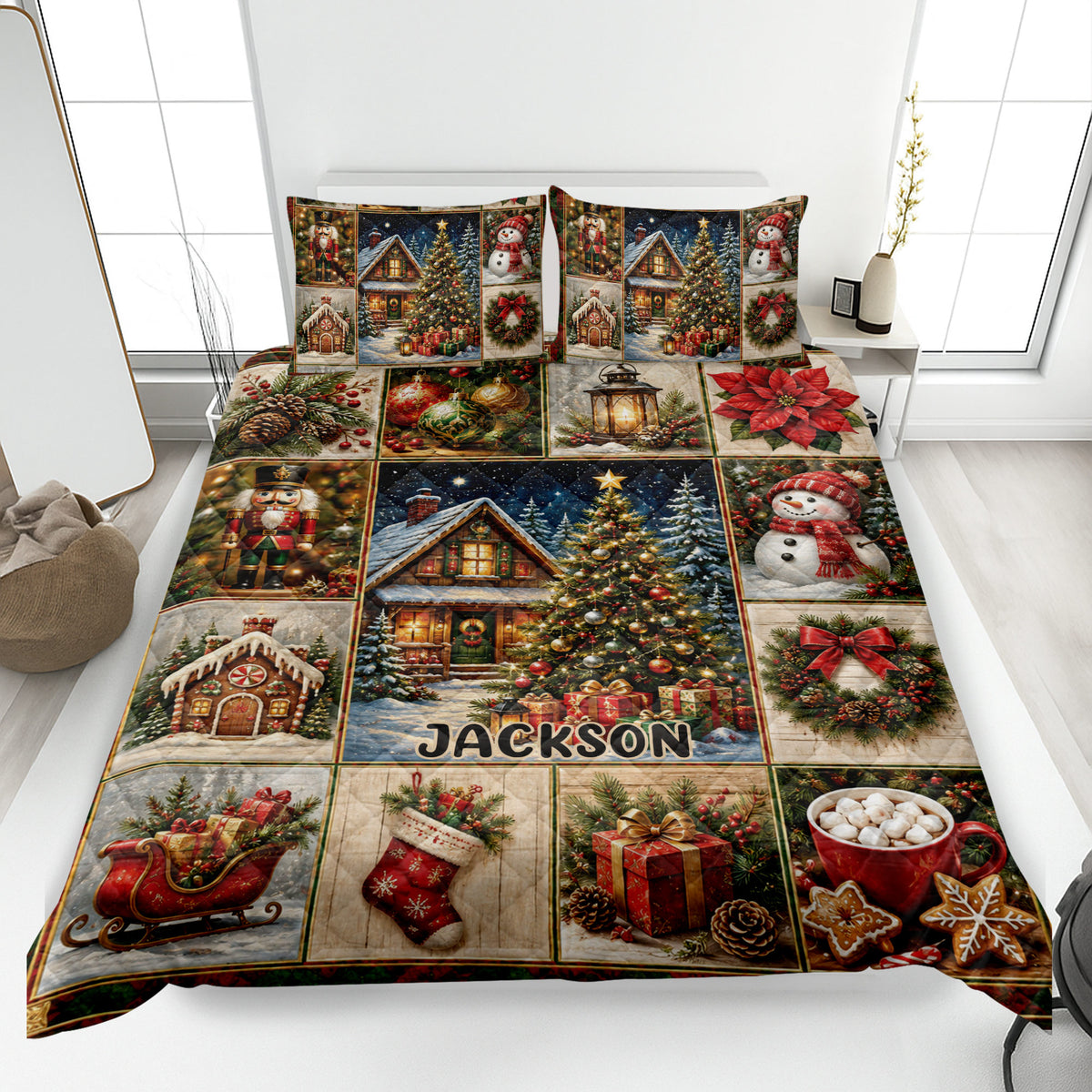 Christmas quilt blanket displayed on a bed with snowmen, nutcrackers, ornaments, gifts, and winter cabin artwork