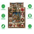 Christmas quilt bedding set shown with holiday collage artwork and soft, breathable, washable feature icons