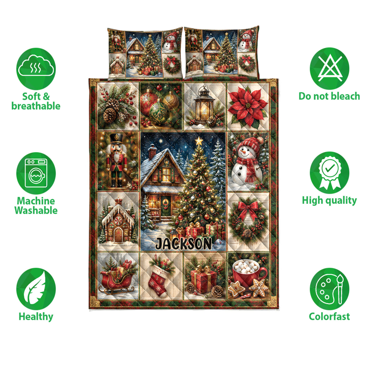 Christmas quilt bedding set shown with holiday collage artwork and soft, breathable, washable feature icons
