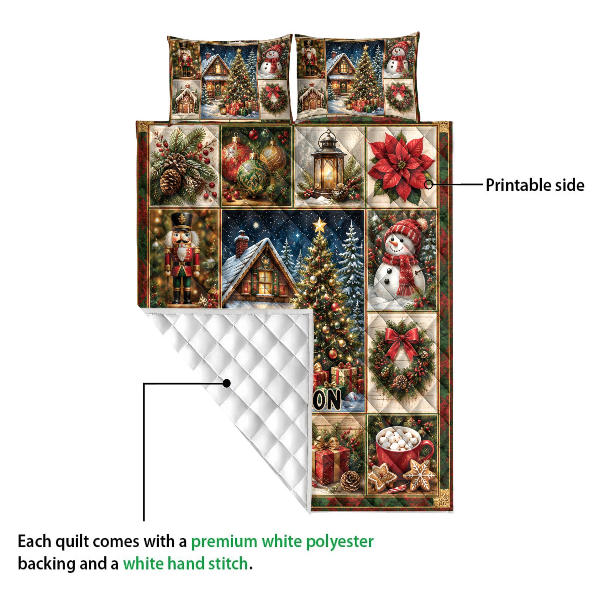 Christmas quilt showing its printed holiday artwork and white quilted backing in a construction detail view