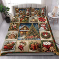 Christmas quilt blanket styled on a bed with matching holiday artwork, snowmen, wreaths, and decorated trees