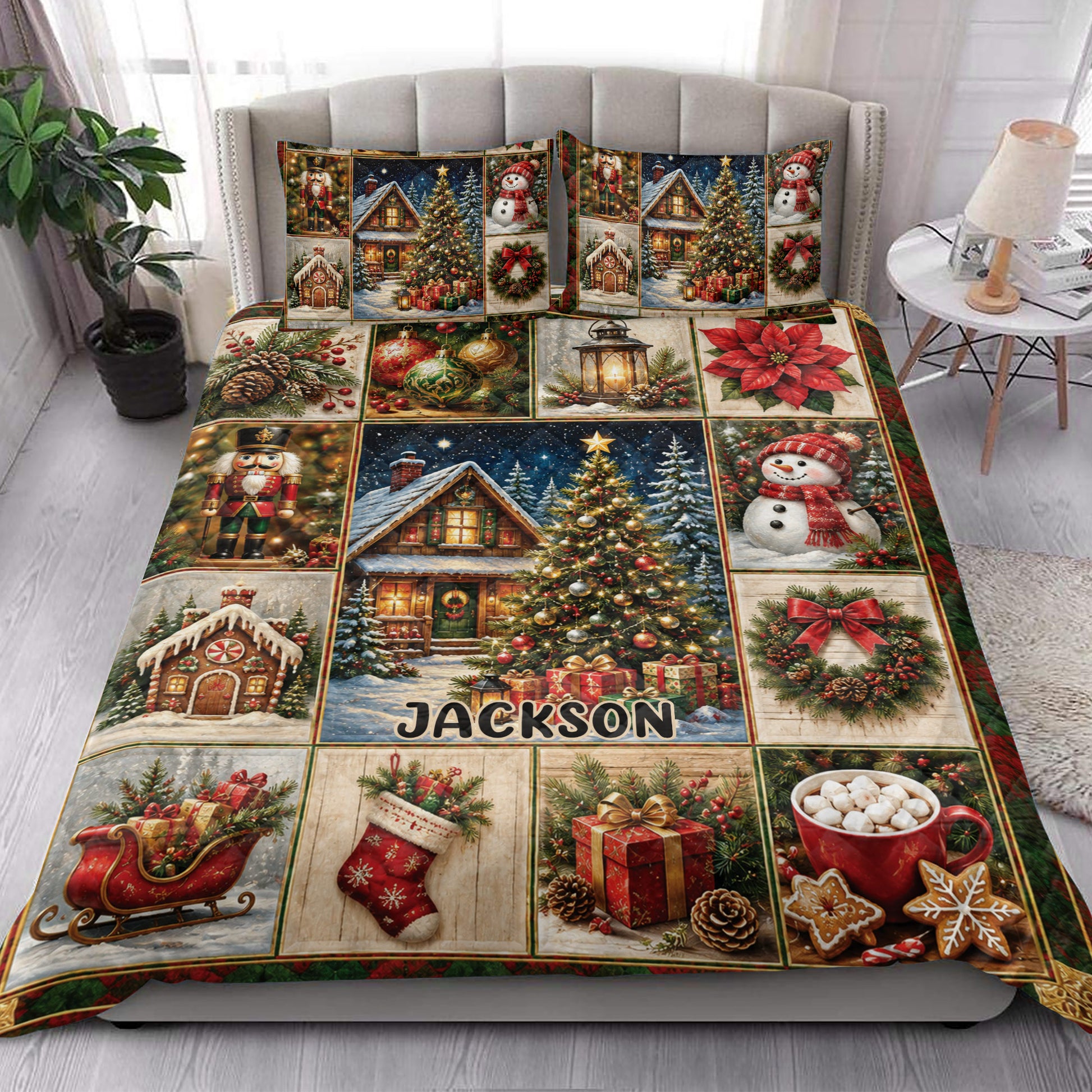 Christmas quilt blanket styled on a bed with matching holiday artwork, snowmen, wreaths, and decorated trees