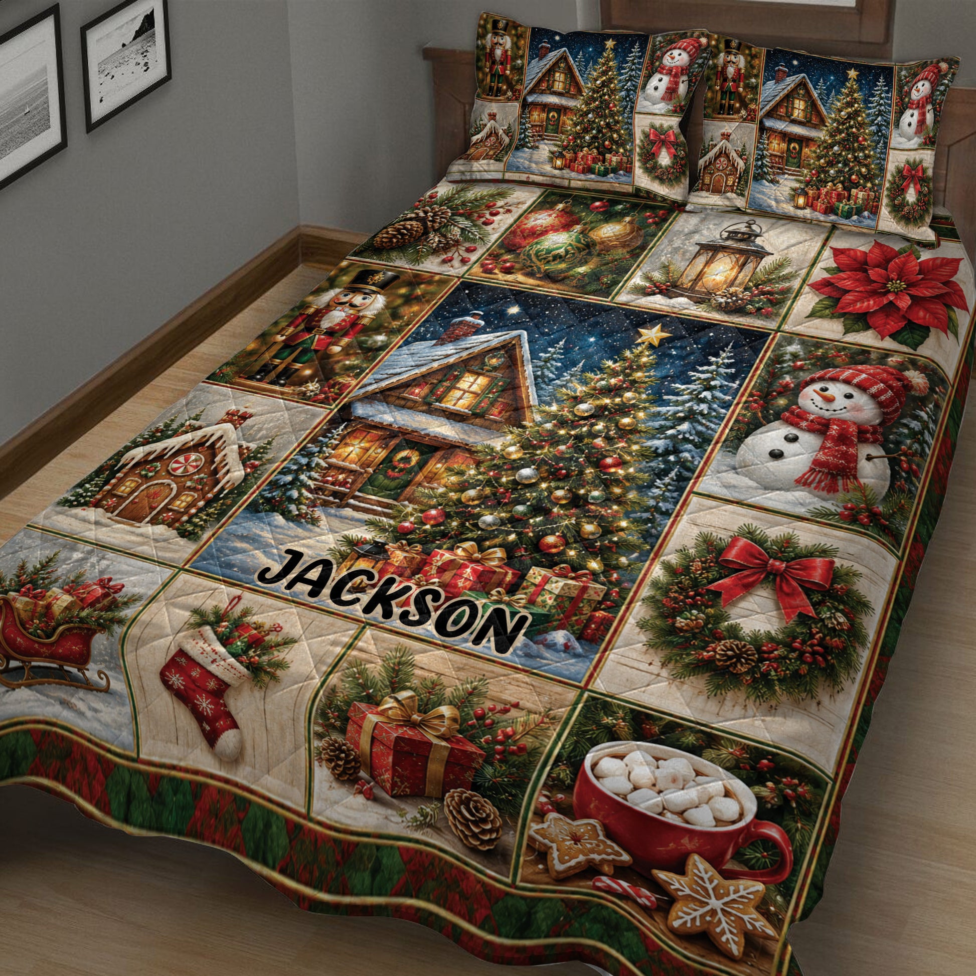 Close bedroom view of a Christmas quilt blanket featuring winter cabins, ornaments, gifts, poinsettias, and snowmen