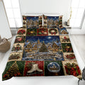 Christmas quilt blanket displayed on a bed with snowy village, decorated tree, wreaths, gifts, and holiday artwork