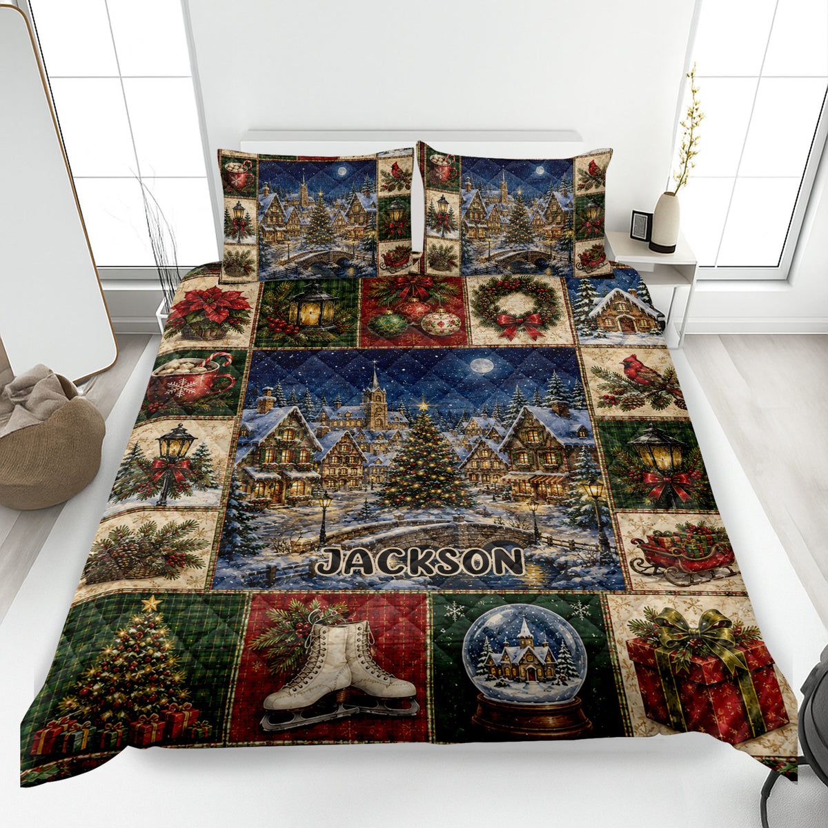 Christmas quilt blanket displayed on a bed with snowy village, decorated tree, wreaths, gifts, and holiday artwork