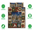 Christmas quilt bedding set shown with snowy village panels, holiday ornaments, lanterns, and soft breathable features