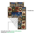 Christmas quilt shown with printed holiday front, white quilted backing, and snowy village artwork