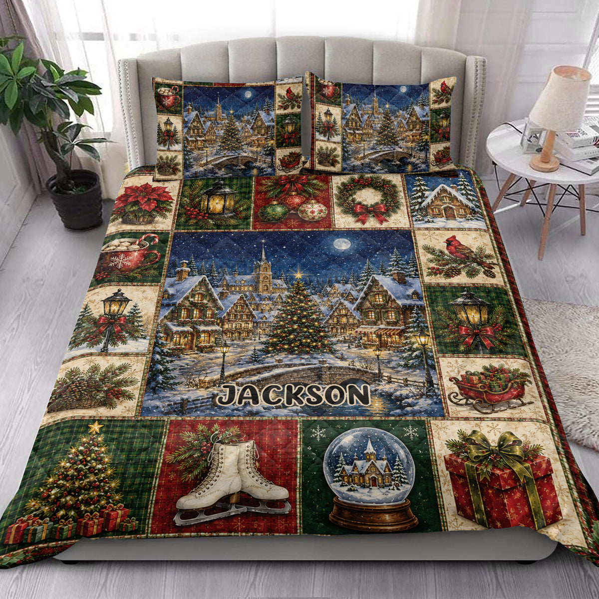 Christmas quilt blanket styled in a bedroom with snowy village, poinsettias, wreaths, gifts, and festive holiday scenes