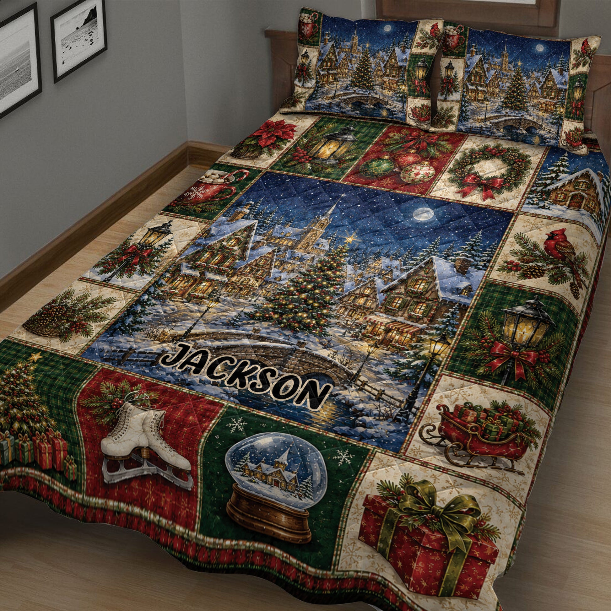 Close bedroom view of Christmas quilt blanket featuring snowy village, decorated tree, lanterns, ornaments, and gifts