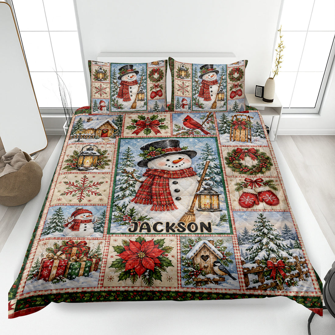 Christmas snowman quilt blanket bedding set displayed on a bed with wreaths, lanterns, gifts, and snowy scenes