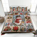 Christmas snowman quilt blanket bedding set displayed on a bed with wreaths, lanterns, gifts, and snowy scenes