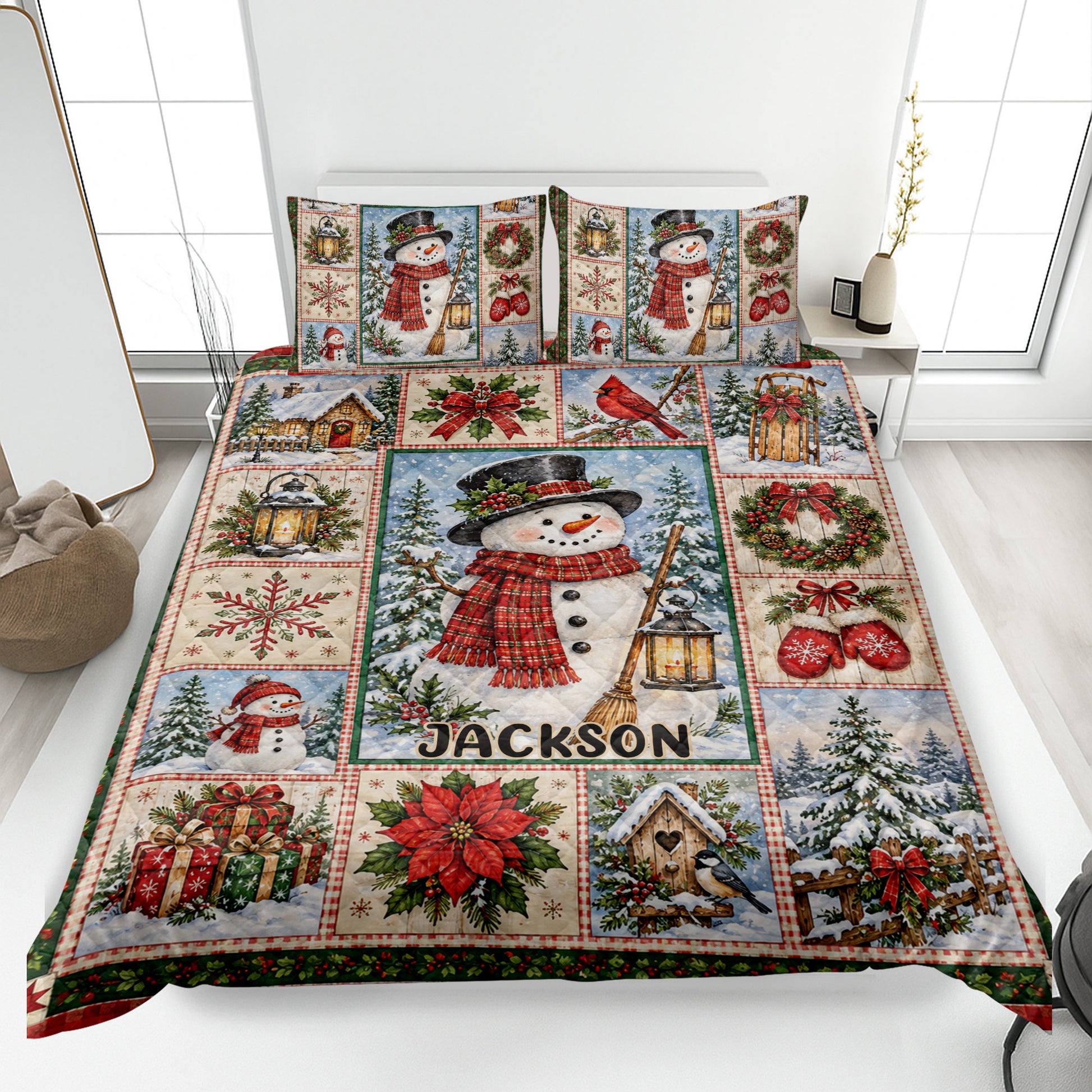 Christmas snowman quilt blanket bedding set displayed on a bed with wreaths, lanterns, gifts, and snowy scenes