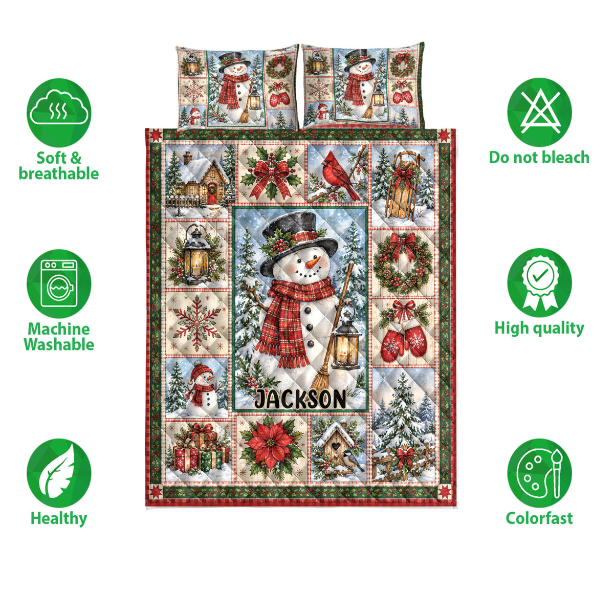 Christmas quilt blanket featuring a snowman, cardinals, poinsettias, snowy trees, and holiday cabin artwork
