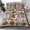 Christmas snowman quilt blanket styled in a bright bedroom with holiday wreaths, lanterns, and winter artwork