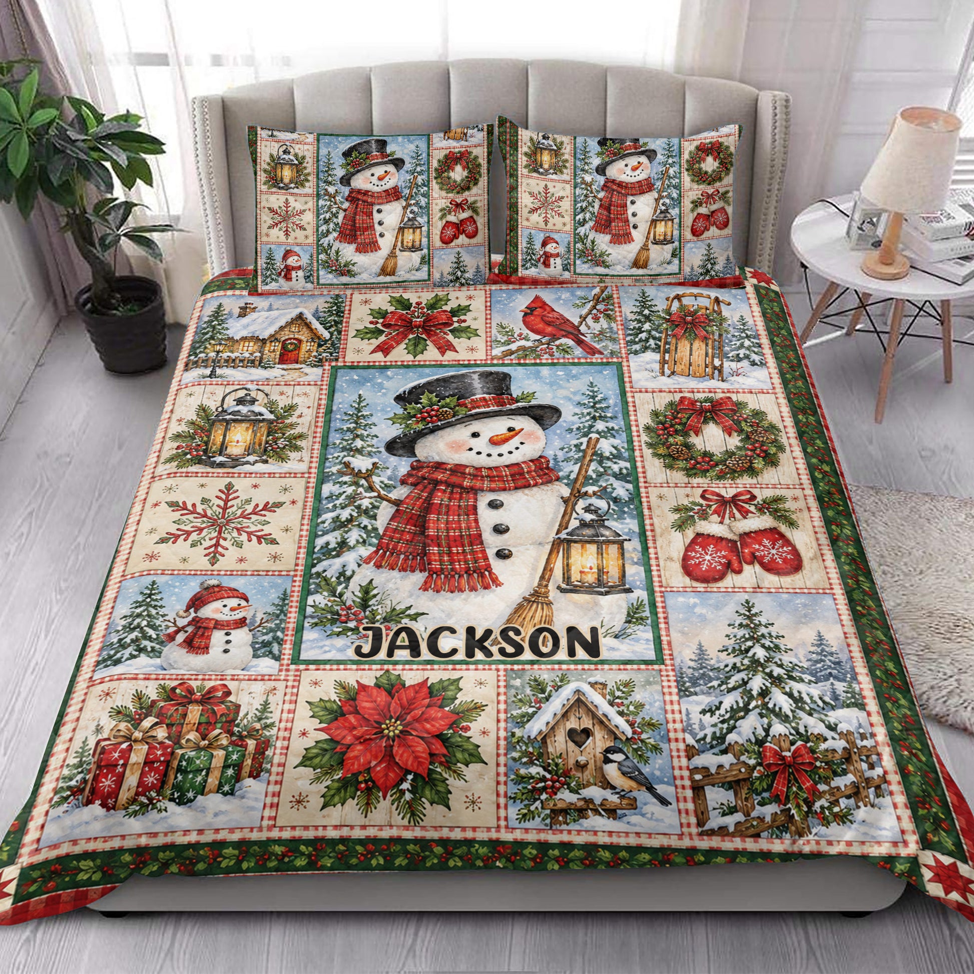 Christmas snowman quilt blanket styled in a bright bedroom with holiday wreaths, lanterns, and winter artwork