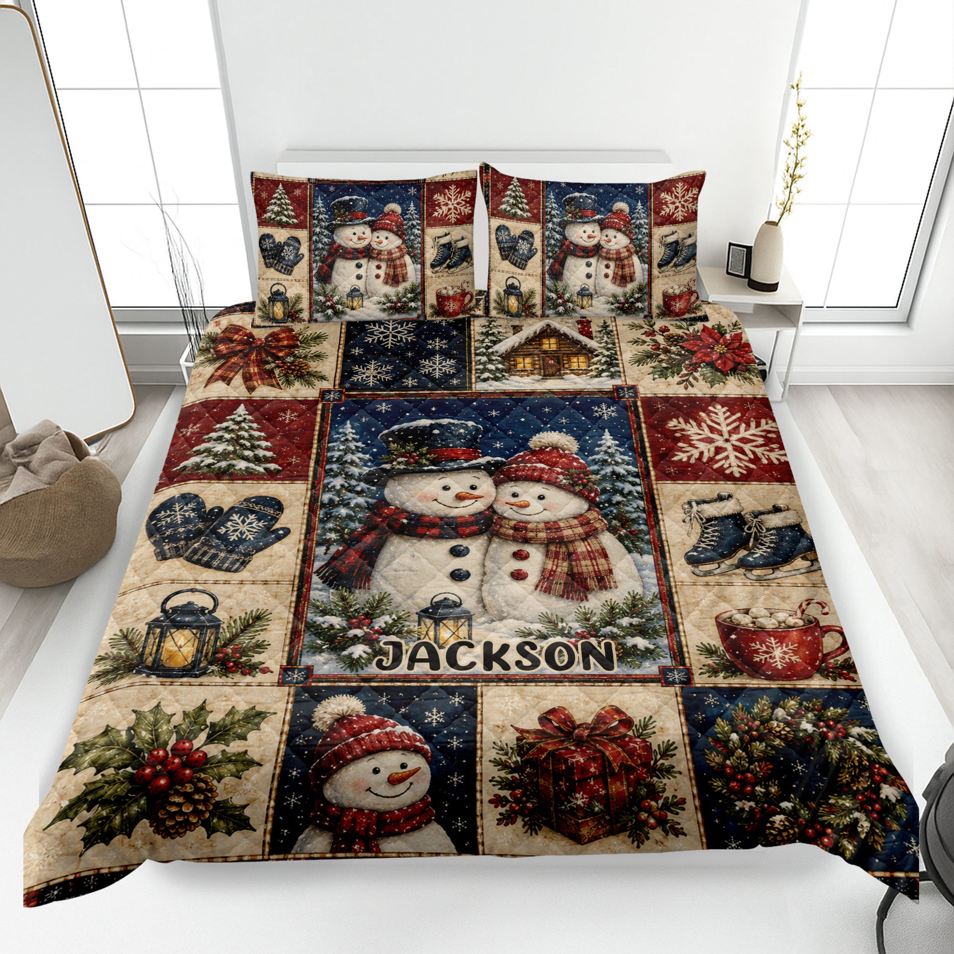Christmas quilt blanket displayed on a bed with snowmen, snowflakes, wreaths, trees, gifts, and winter decor