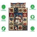 Christmas snowman quilt bedding set shown with holiday patchwork artwork and product feature icons