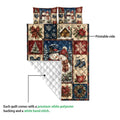 Christmas quilt showing the colorful printed front and white diamond-stitched reverse side