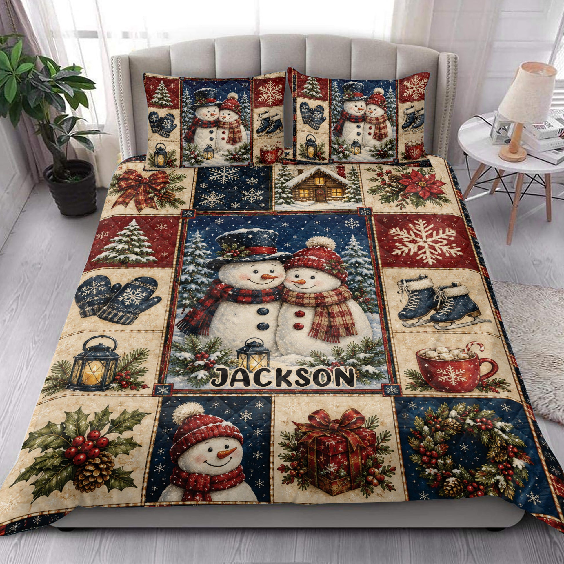 Christmas snowman quilt blanket styled on a bed in a bright bedroom with matching holiday artwork