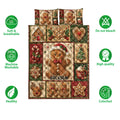 Christmas gingerbread quilt blanket shown with soft breathable and machine washable feature icons
